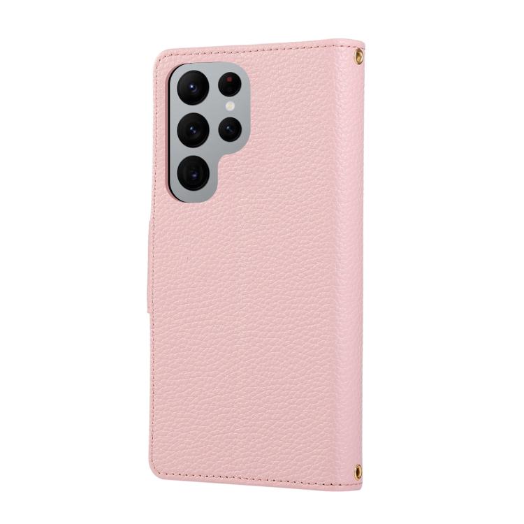 Funda de cuero con hebilla redonda y cremallera para Samsung Galaxy S22 Ultra 5G, con correa cruzada (rosa)