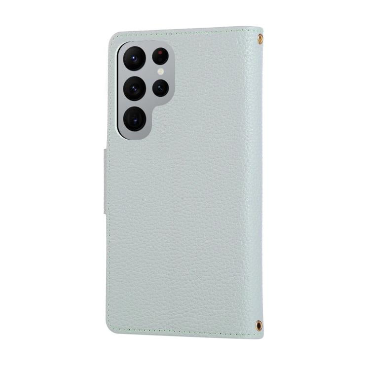 Funda de cuero con hebilla redonda y cremallera para Samsung Galaxy S22 Ultra 5G, con correa cruzada (azul cielo)