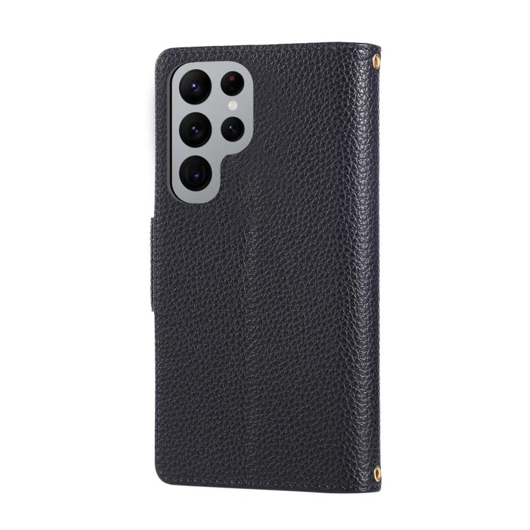 Funda de cuero con hebilla redonda y cremallera para Samsung Galaxy S22 Ultra 5G, con correa cruzada (negro)