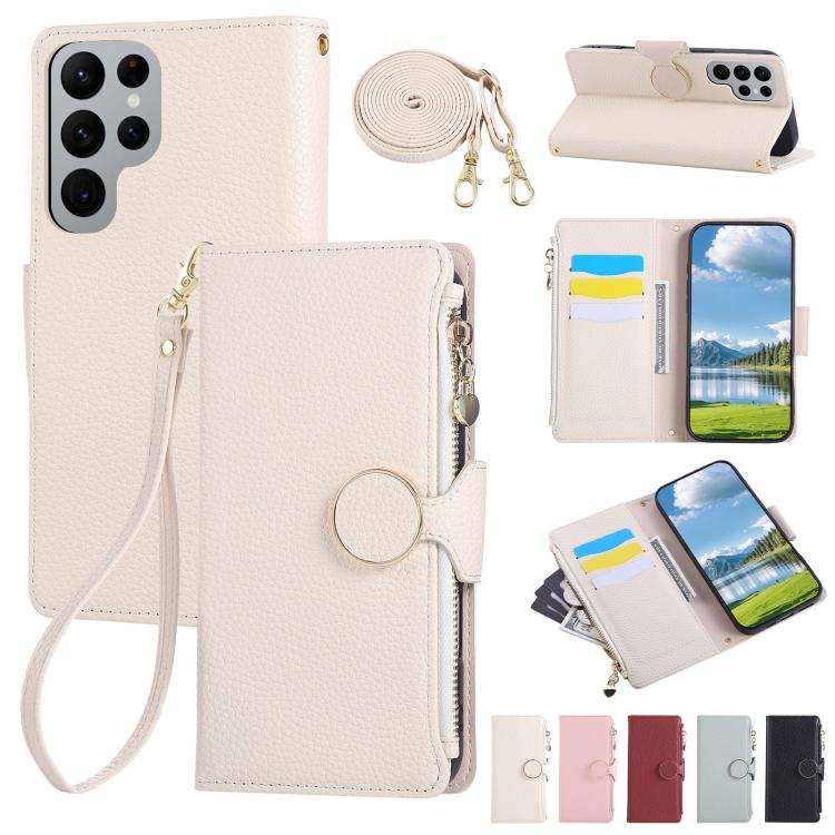 Funda de cuero tipo billetera con hebilla redonda y cremallera para Samsung Galaxy S22 Ultra 5G con correa cruzada (blanca)