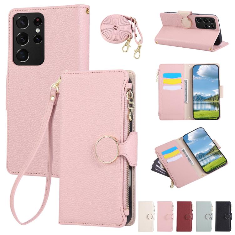 Funda de cuero tipo billetera con hebilla redonda y cremallera para Samsung Galaxy S21 Ultra 5G con correa cruzada (rosa)
