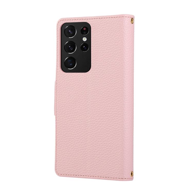 Funda de cuero tipo billetera con hebilla redonda y cremallera para Samsung Galaxy S21 Ultra 5G con correa cruzada (rosa)