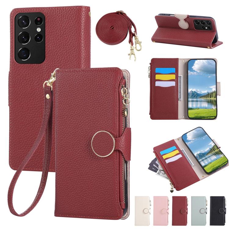 Funda de cuero tipo billetera con hebilla redonda y cremallera para Samsung Galaxy S21 Ultra 5G con correa cruzada (roja)