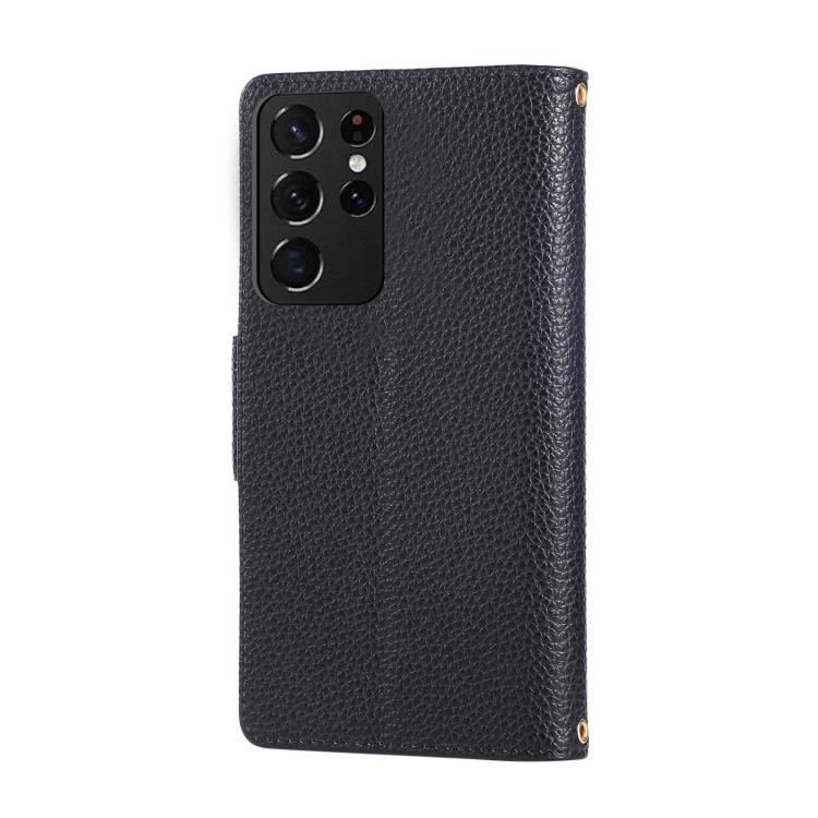 Funda de cuero con hebilla redonda y cremallera para Samsung Galaxy S21 Ultra 5G, con correa cruzada (negro)