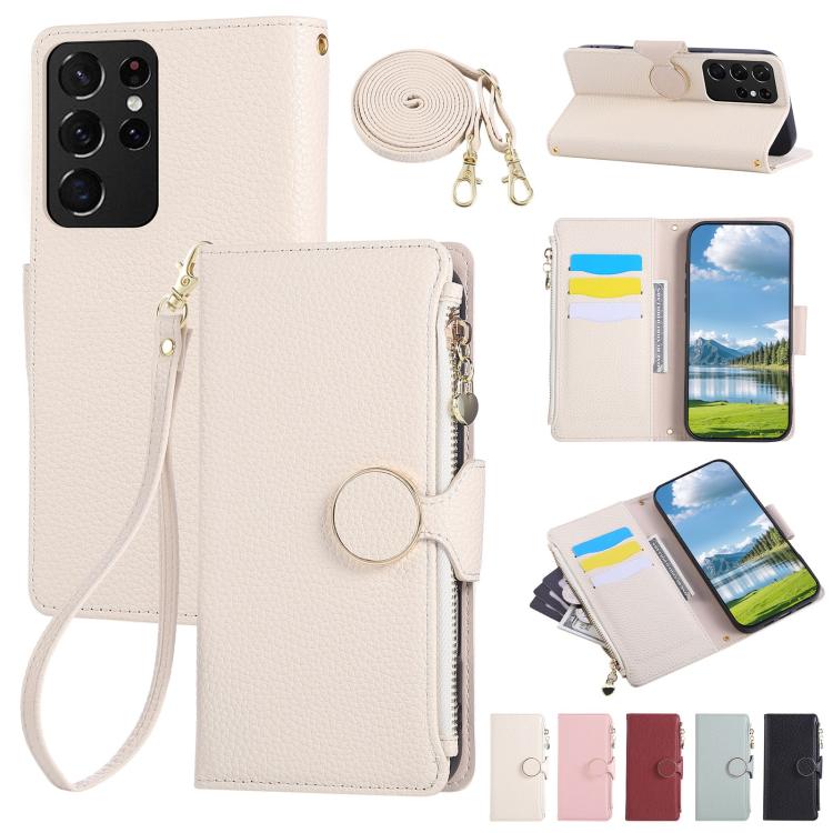 Funda de cuero tipo billetera con hebilla redonda y cremallera para Samsung Galaxy S21 Ultra 5G con correa cruzada (blanca)