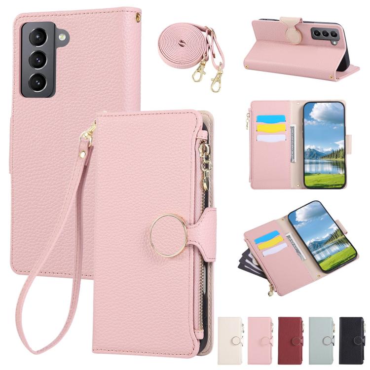 Funda de cuero tipo billetera con hebilla redonda y cremallera para Samsung Galaxy S21 FE 5G con correa cruzada (rosa)