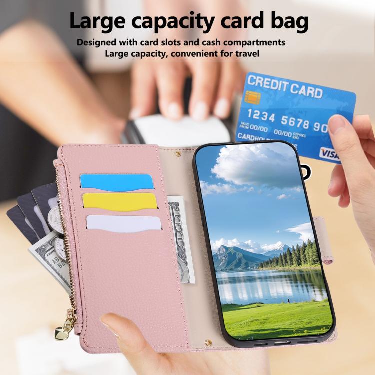 Funda de cuero tipo billetera con hebilla redonda y cremallera para Samsung Galaxy S21 FE 5G con correa cruzada (rosa)