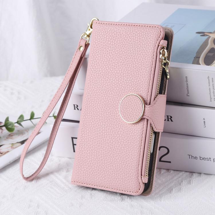 Funda de cuero tipo billetera con hebilla redonda y cremallera para Samsung Galaxy S21 FE 5G con correa cruzada (rosa)