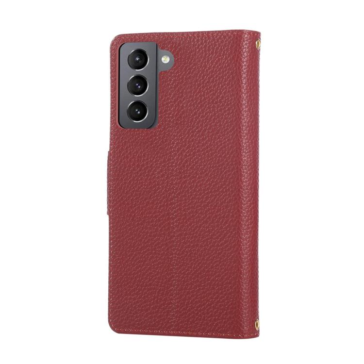 Funda de cuero con hebilla redonda y cremallera para Samsung Galaxy S21 FE 5G, con correa cruzada (roja)