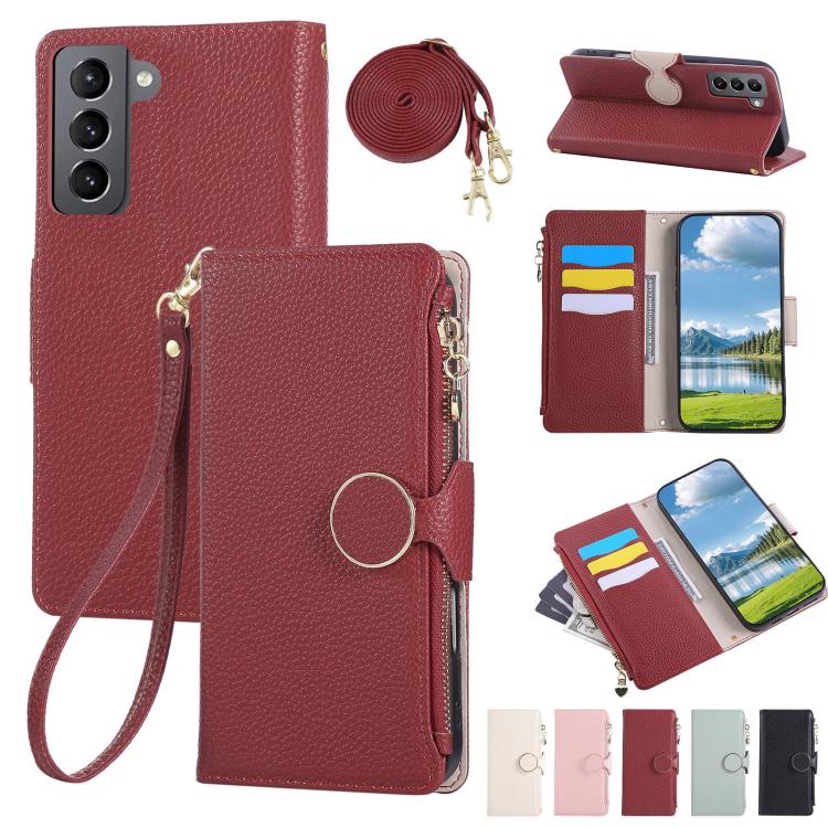 Funda de cuero tipo billetera con hebilla redonda y cremallera para Samsung Galaxy S21 5G con correa cruzada (roja)
