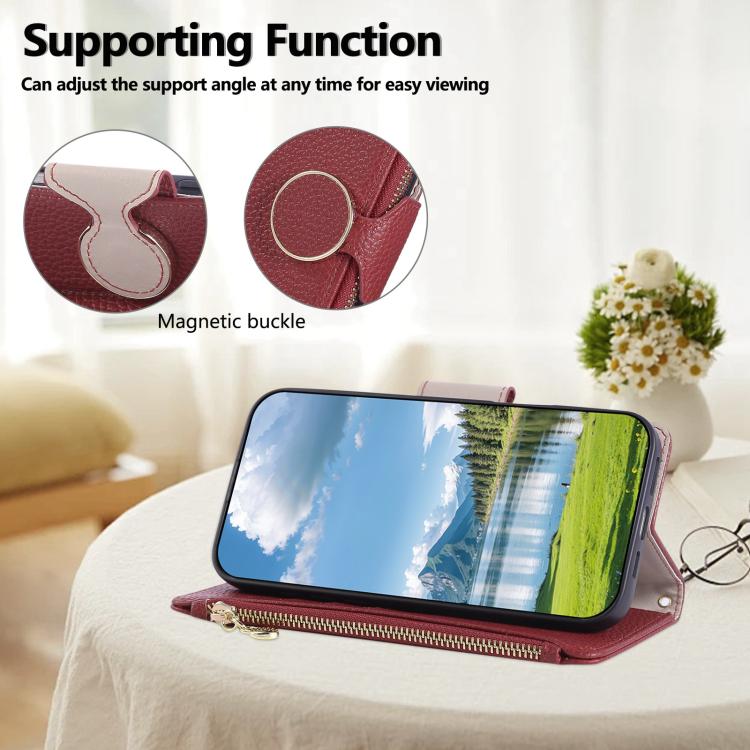 Funda de cuero tipo billetera con hebilla redonda y cremallera para Samsung Galaxy S21 5G con correa cruzada (roja)