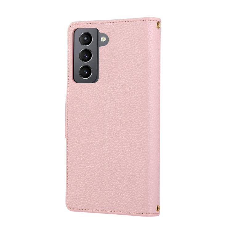 Funda de cuero tipo billetera con hebilla redonda y cremallera para Samsung Galaxy S21+ 5G con correa cruzada (rosa)