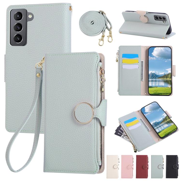 Funda de cuero tipo billetera con hebilla redonda y cremallera para Samsung Galaxy S21+ 5G con correa cruzada (azul cielo)