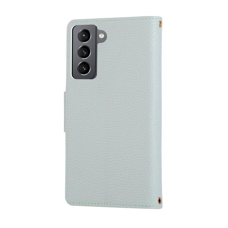Funda de cuero tipo billetera con hebilla redonda y cremallera para Samsung Galaxy S21+ 5G con correa cruzada (azul cielo)