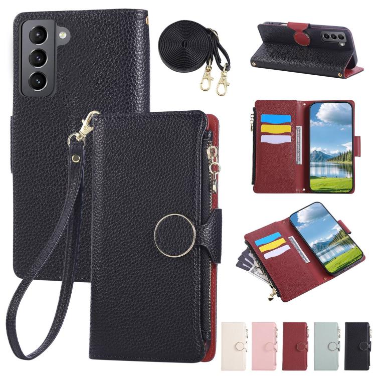 Funda de cuero tipo billetera con hebilla redonda y cremallera para Samsung Galaxy S21+ 5G con correa cruzada (negro)