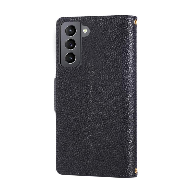 Funda de cuero tipo billetera con hebilla redonda y cremallera para Samsung Galaxy S21+ 5G con correa cruzada (negro)