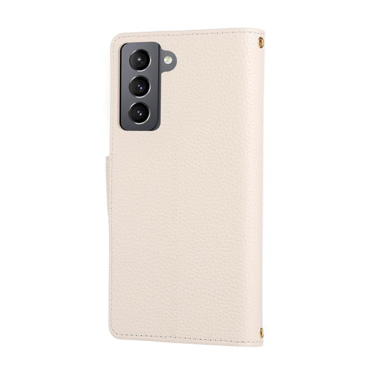 Funda de cuero tipo billetera con hebilla redonda y cremallera para Samsung Galaxy S21+ 5G con correa cruzada (blanca)