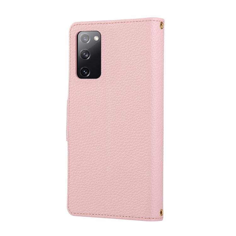 Funda de cuero tipo billetera con hebilla redonda y cremallera para Samsung Galaxy S20 FE con correa cruzada (rosa)