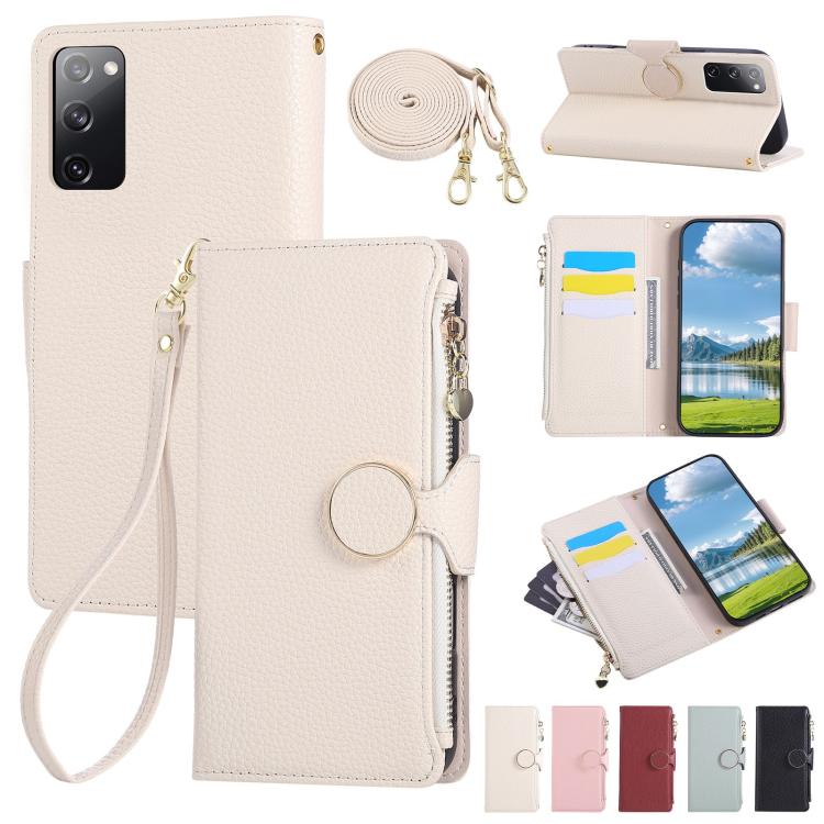 Funda de cuero con hebilla redonda y cremallera para Samsung Galaxy S20 FE con correa cruzada (blanca)