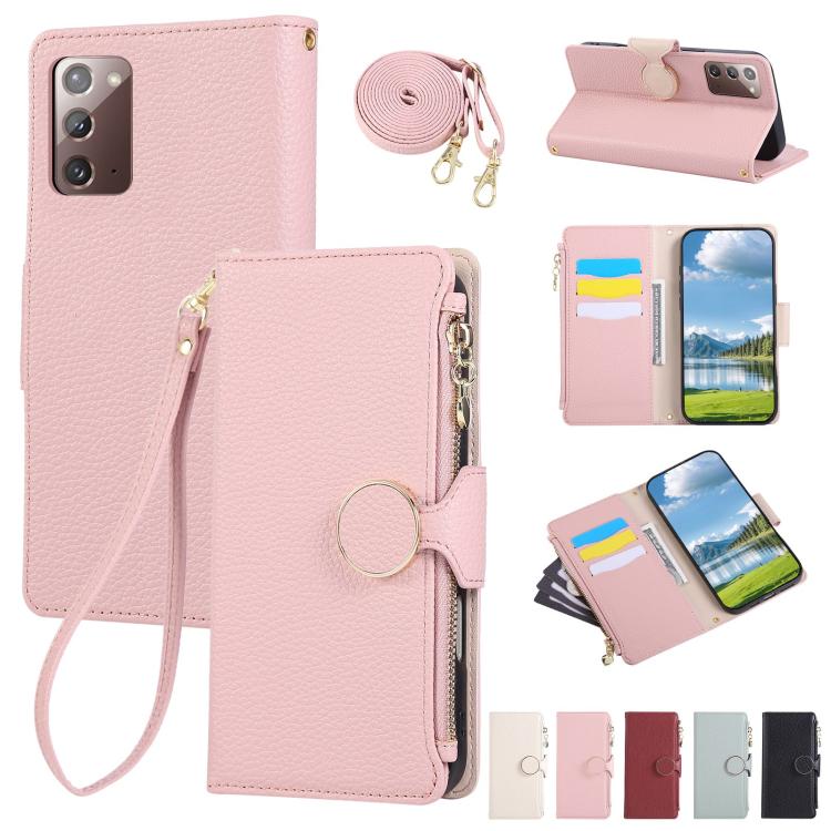 Funda de cuero tipo billetera con hebilla redonda y cremallera para Samsung Galaxy Note20 con correa cruzada (rosa)