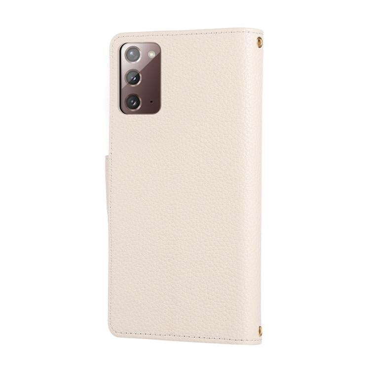 Funda de cuero tipo billetera con hebilla redonda y cremallera para Samsung Galaxy Note20 con correa cruzada (blanca)