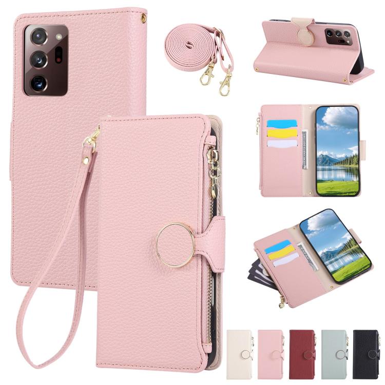 Funda de cuero tipo billetera con hebilla redonda y cremallera para Samsung Galaxy Note20 Ultra, con correa cruzada (rosa)