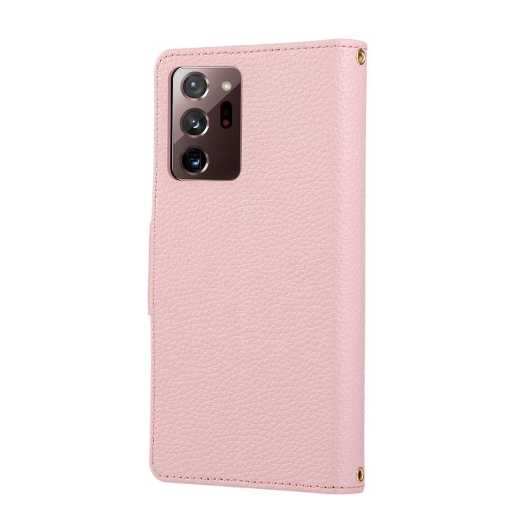 Funda de cuero tipo billetera con hebilla redonda y cremallera para Samsung Galaxy Note20 Ultra, con correa cruzada (rosa)