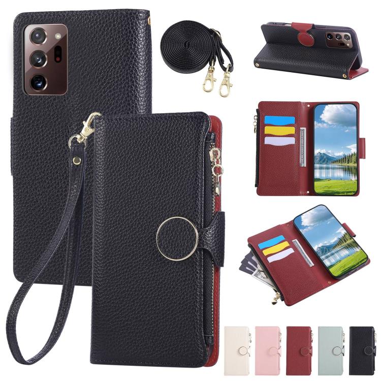 Funda de cuero con hebilla redonda y cremallera para Samsung Galaxy Note20 Ultra, con correa cruzada (negra)