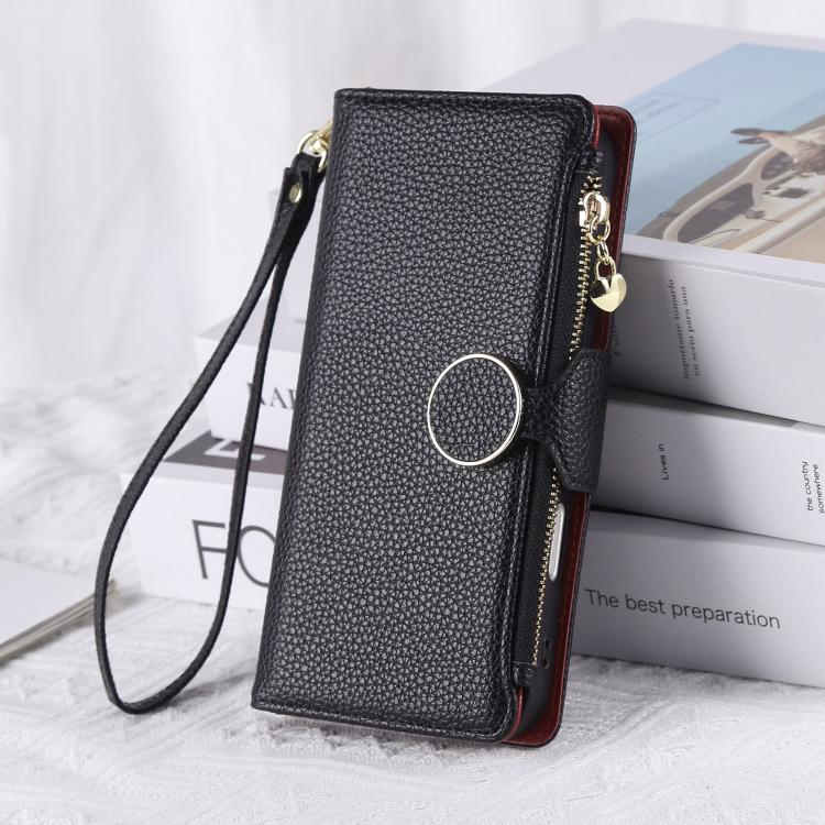 Funda de cuero con hebilla redonda y cremallera para Samsung Galaxy Note20 Ultra, con correa cruzada (negra)