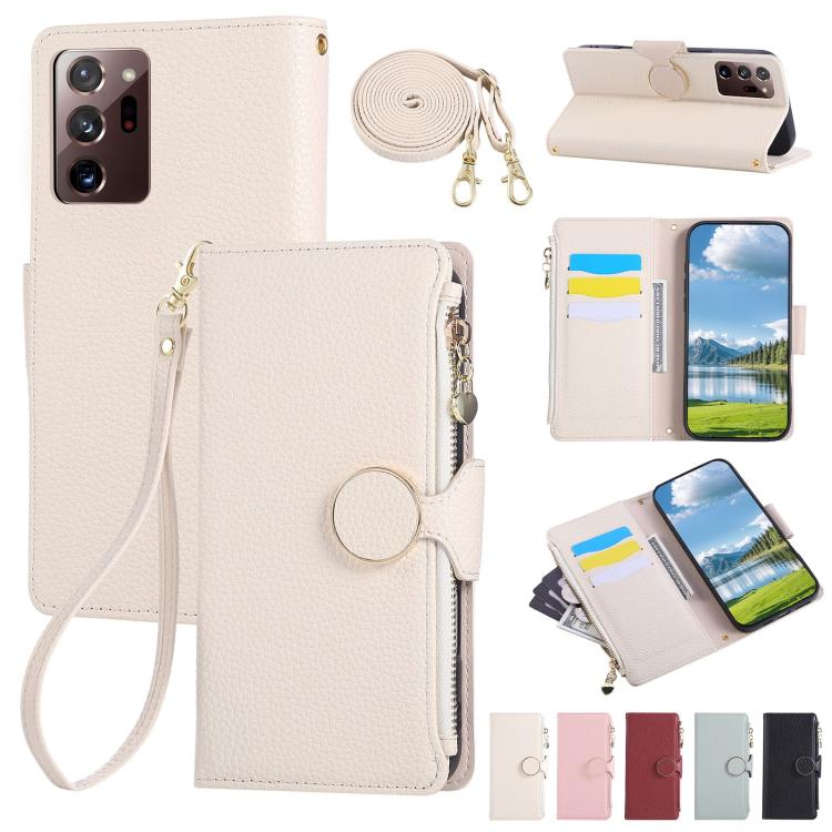 Funda de cuero tipo billetera con hebilla redonda y cremallera para Samsung Galaxy Note20 Ultra con correa cruzada (blanca)