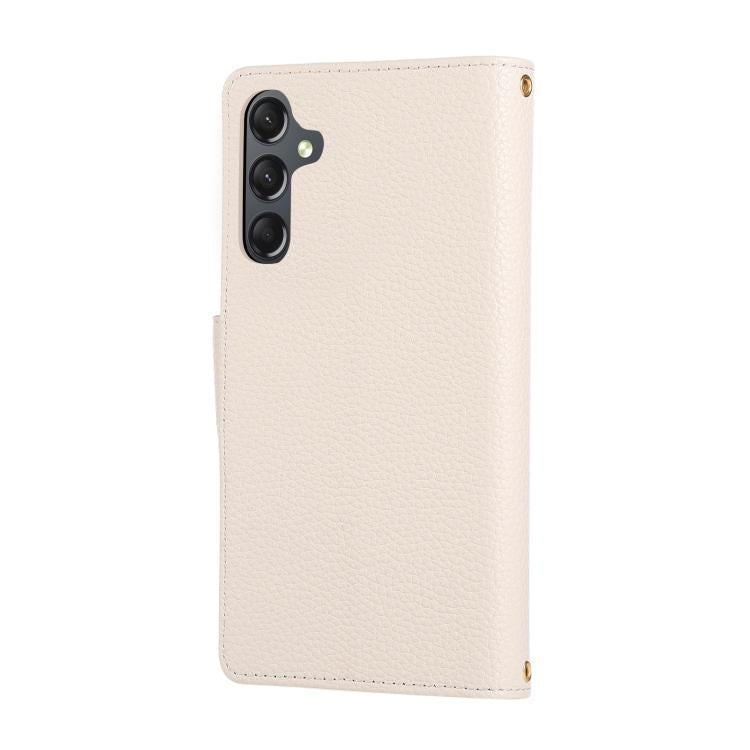 Funda de cuero tipo billetera con hebilla redonda y cremallera para Samsung Galaxy A05s, con correa cruzada (blanca)