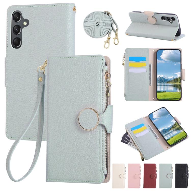 Funda de cuero tipo billetera con hebilla redonda y cremallera para Samsung Galaxy A55 5G con correa cruzada (azul cielo)
