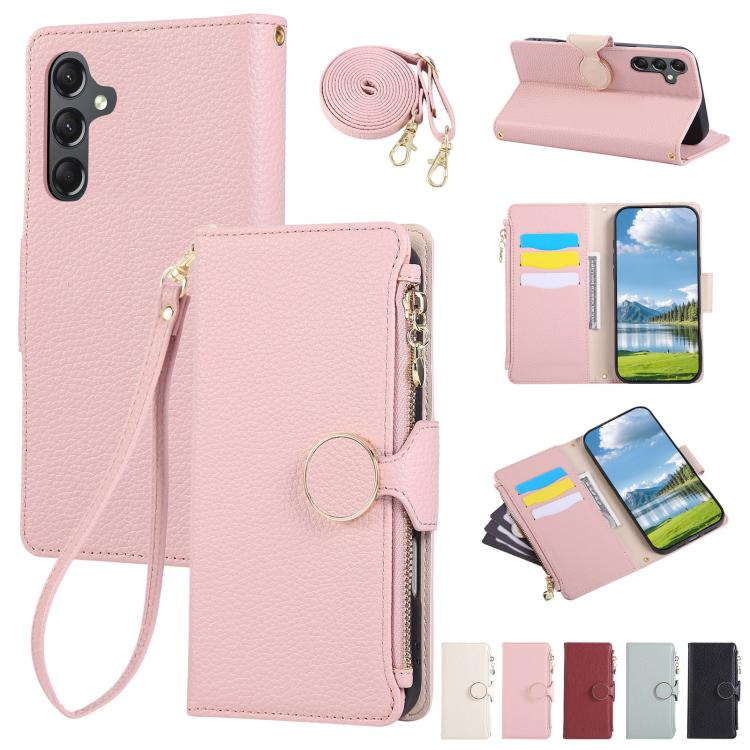 Funda de cuero tipo billetera con hebilla redonda y cremallera para Samsung Galaxy A25 5G con correa cruzada (rosa)