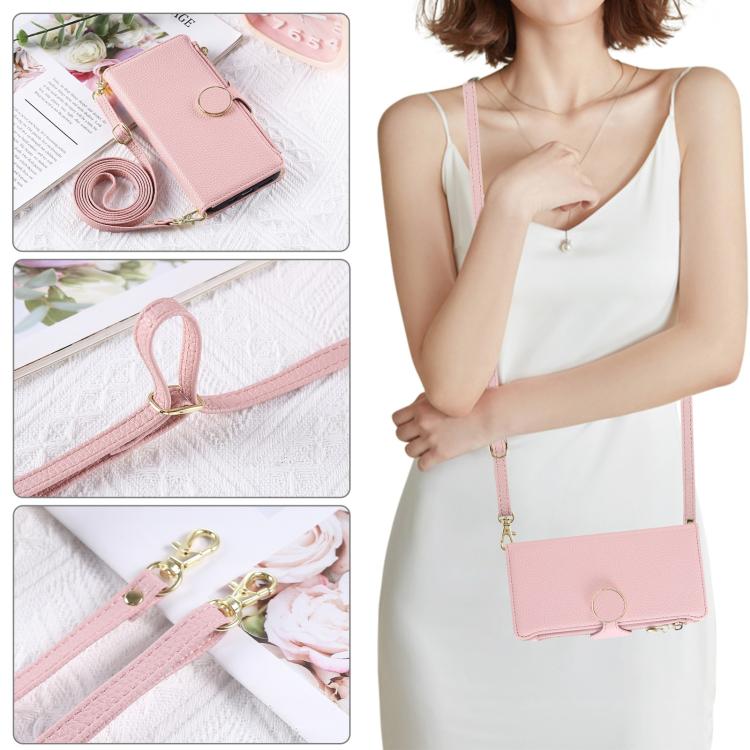 Funda de cuero tipo billetera con hebilla redonda y cremallera para Samsung Galaxy A25 5G con correa cruzada (rosa)