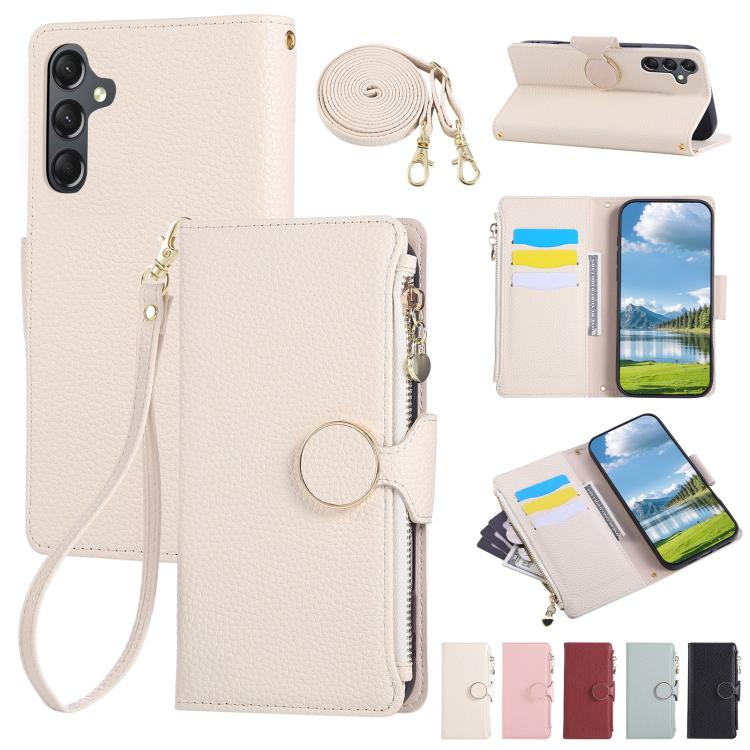 Funda de cuero tipo billetera con hebilla redonda y cremallera para Samsung Galaxy A35 5G con correa cruzada (blanca)
