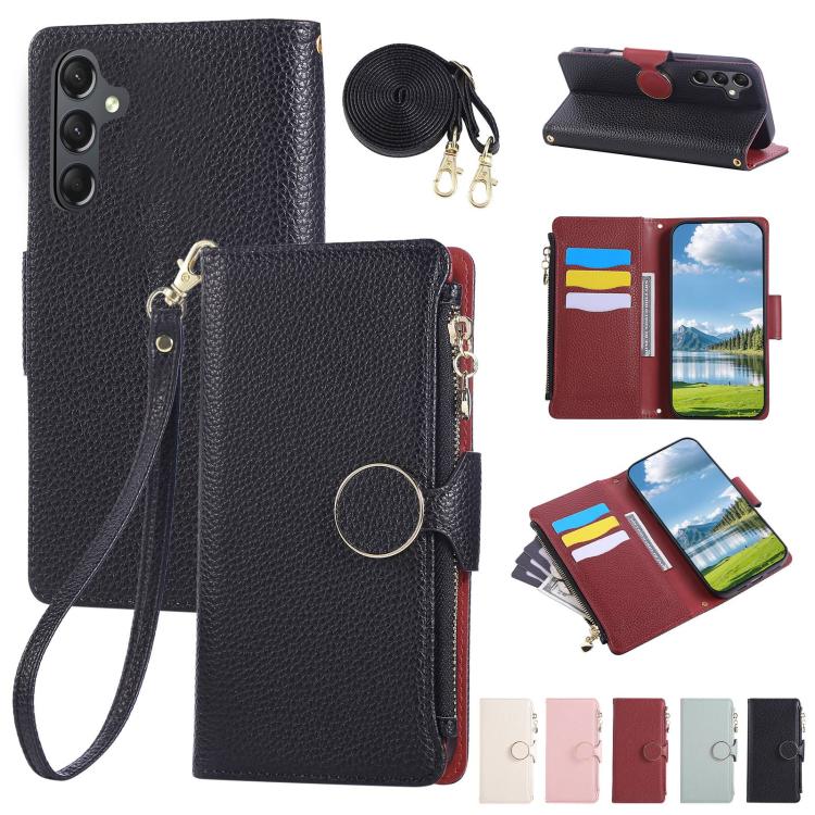 Funda de cuero tipo billetera con hebilla redonda y cremallera para Samsung Galaxy A54 5G con correa cruzada (negro)