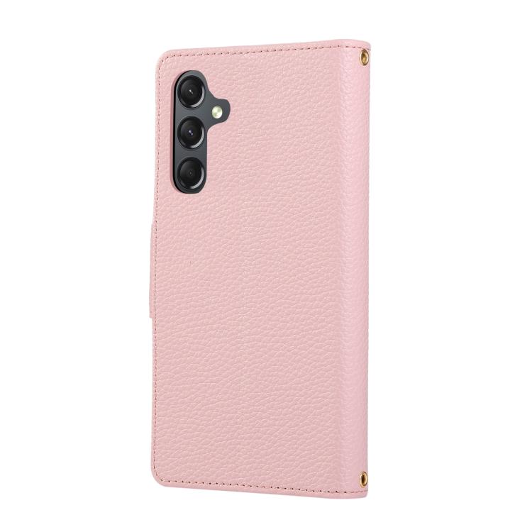 Funda de cuero tipo billetera con hebilla redonda y cremallera para Samsung Galaxy A34 5G con correa cruzada (rosa)