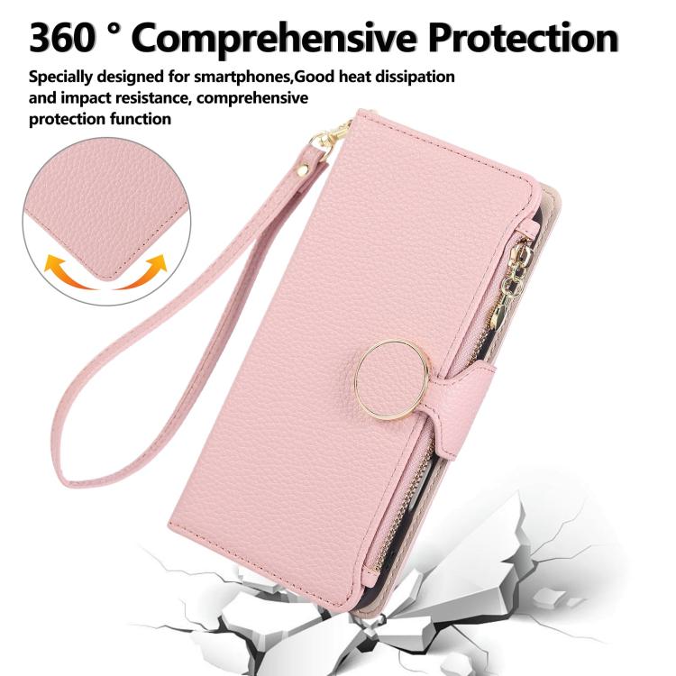 Funda de cuero tipo billetera con hebilla redonda y cremallera para Samsung Galaxy A34 5G con correa cruzada (rosa)