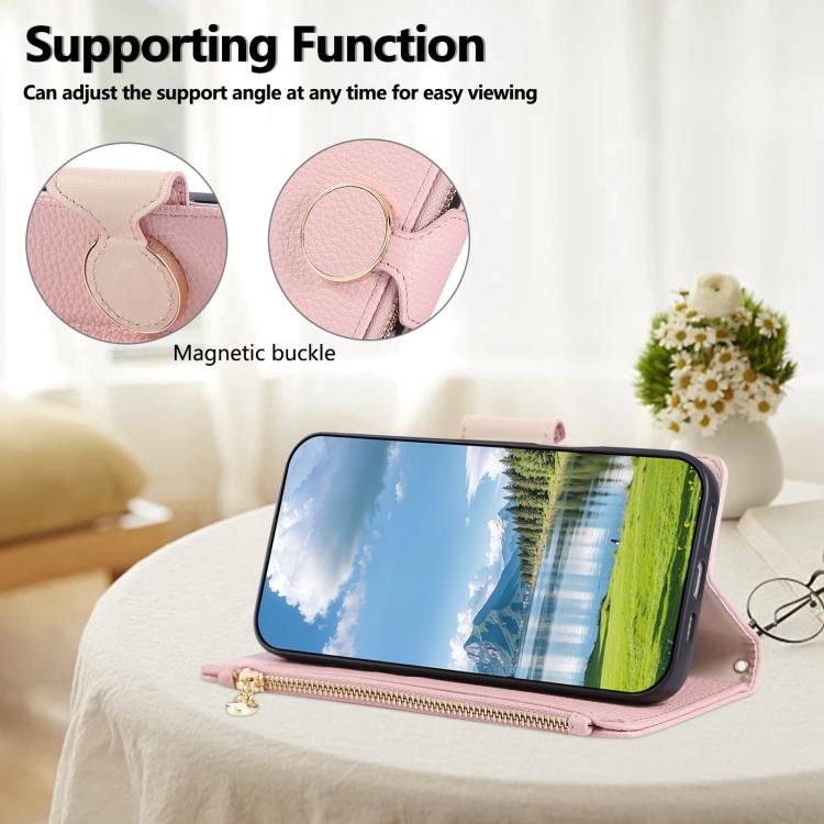 Funda de cuero tipo billetera con hebilla redonda y cremallera para Samsung Galaxy A34 5G con correa cruzada (rosa)