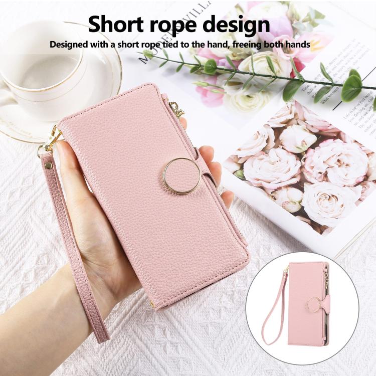Funda de cuero tipo billetera con hebilla redonda y cremallera para Samsung Galaxy A34 5G con correa cruzada (rosa)