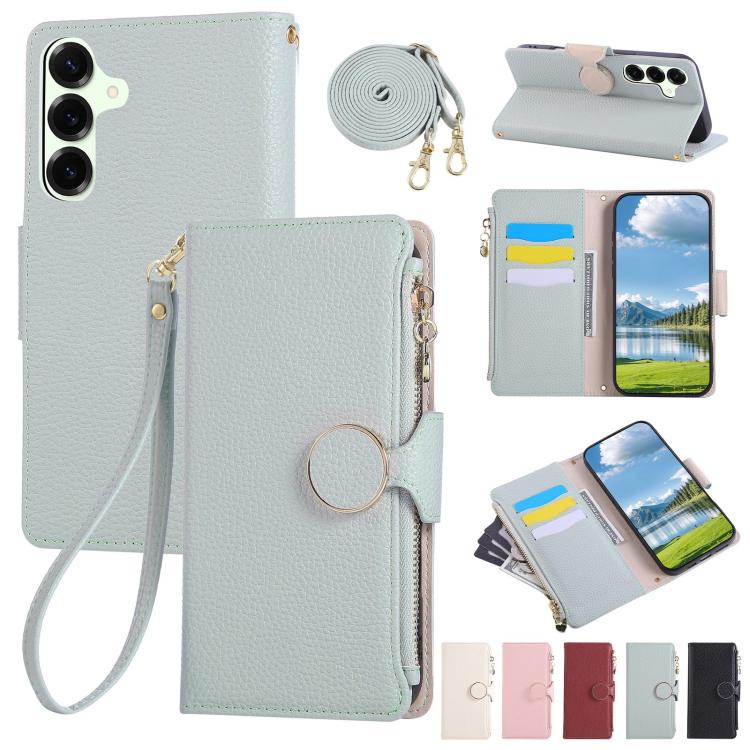 Funda de cuero tipo billetera con hebilla redonda y cremallera para Samsung Galaxy A14 4G/5G con correa cruzada (azul cielo)