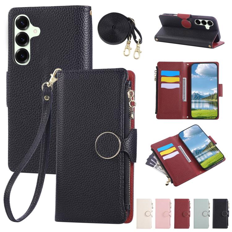 Funda de cuero tipo billetera con hebilla redonda y cremallera para Samsung Galaxy A14 4G/5G con correa cruzada (negro)