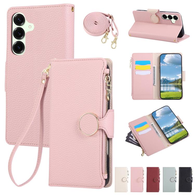 Funda de cuero tipo billetera con hebilla redonda y cremallera para Samsung Galaxy A16 4G / 5G / A26 5G con correa cruzada (rosa)