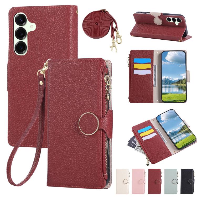 Funda de cuero tipo billetera con hebilla redonda y cremallera para Samsung Galaxy A16 4G / 5G / A26 5G (rojo)