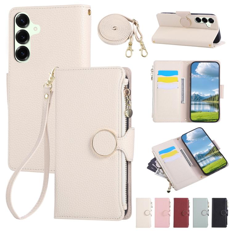 Funda de cuero tipo billetera con hebilla redonda y cremallera para Samsung Galaxy A16 4G / 5G / A26 5G (blanco)