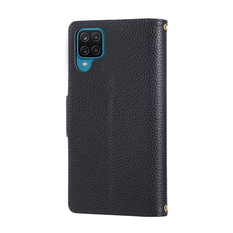Funda de cuero tipo billetera con hebilla redonda y cremallera para Samsung Galaxy A42 5G con correa cruzada (negro)