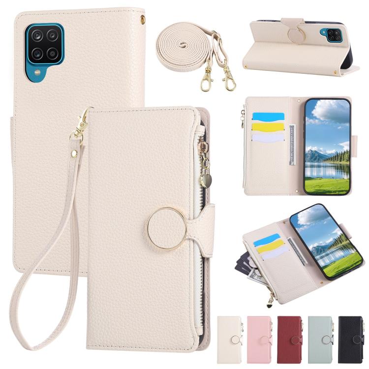 Funda de cuero tipo billetera con hebilla redonda y cremallera para Samsung Galaxy A42 5G, con correa cruzada (blanca)