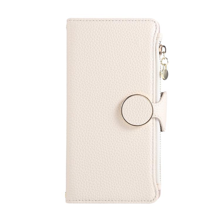 Funda de cuero tipo billetera con hebilla redonda y cremallera para Samsung Galaxy A42 5G, con correa cruzada (blanca)