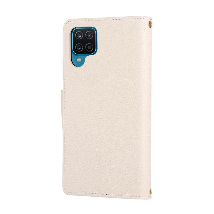 Funda de cuero tipo billetera con hebilla redonda y cremallera para Samsung Galaxy A42 5G, con correa cruzada (blanca)
