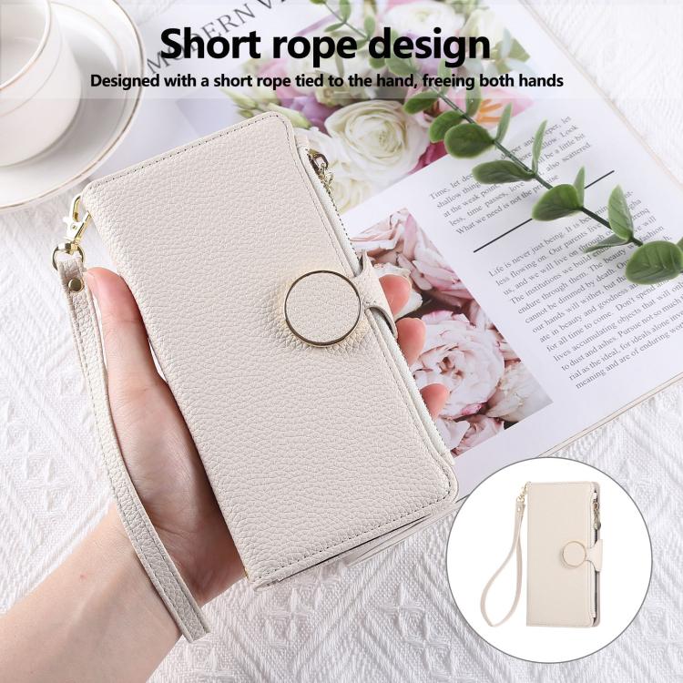 Funda de cuero tipo billetera con hebilla redonda y cremallera para Samsung Galaxy A42 5G, con correa cruzada (blanca)